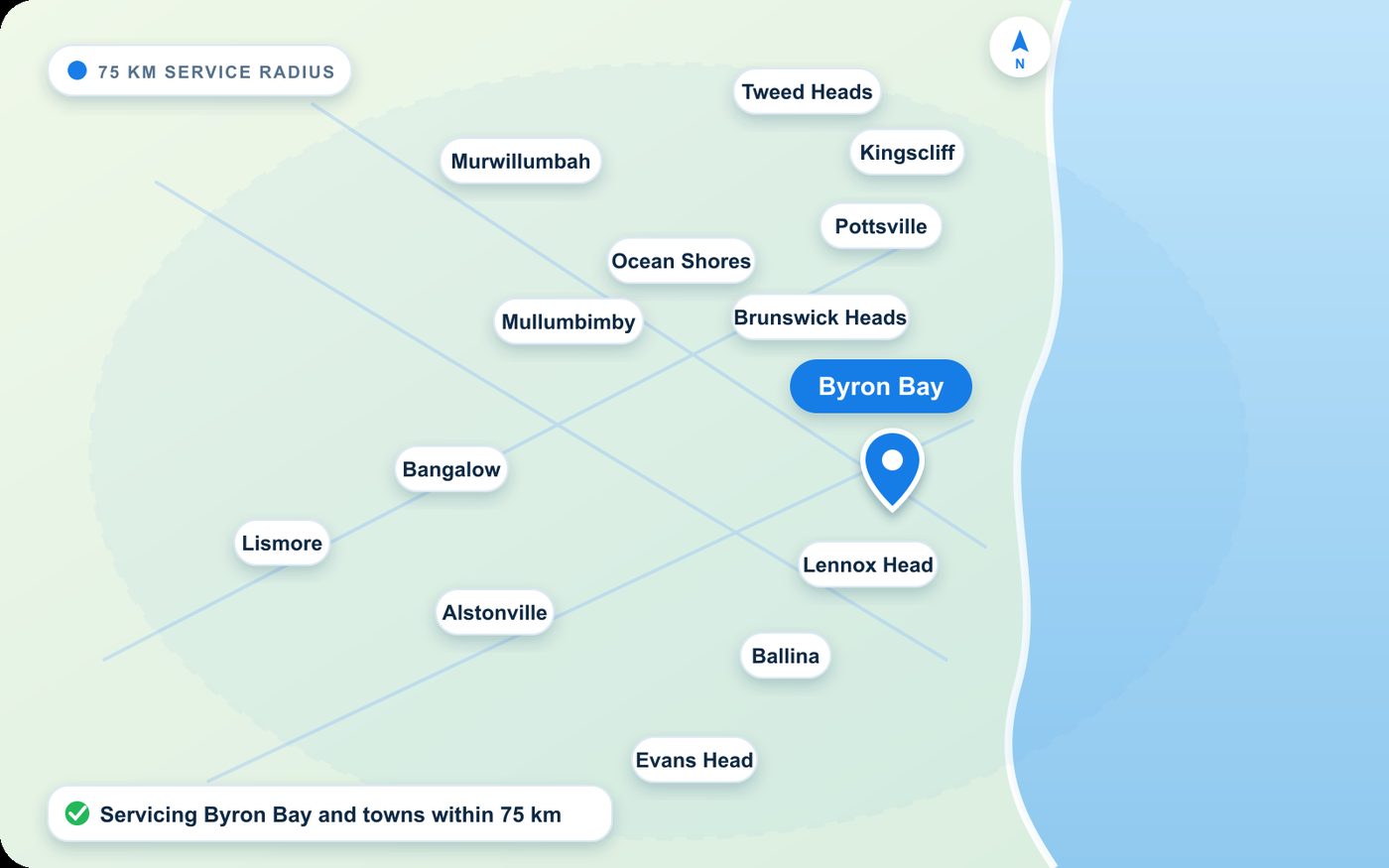 Map of Cleaning Byron Bay's service area — Byron Bay and towns within 75 km across the Northern Rivers